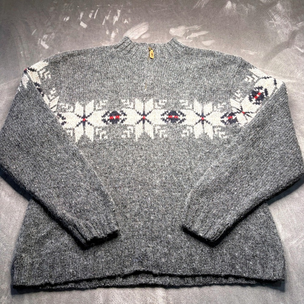 Eddie Bauer Legend Sweater Mens XL 1/4 Zip Gray Fair Isle Okanogan Handknit Wool